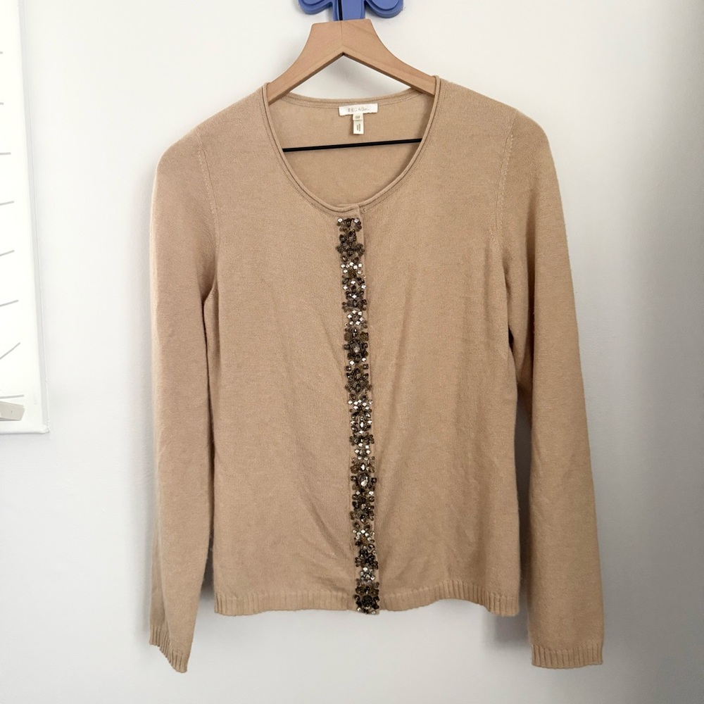 Escada 36 US 6 Jewel Front Cardigan Sweater Cashmere Tan Classy Old Money